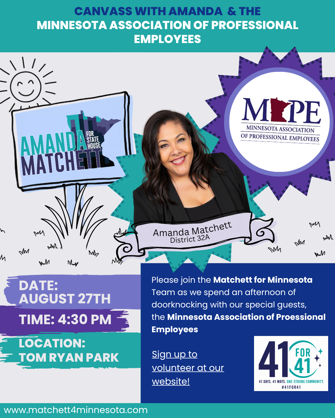 Event flyer: Canvass with Amanda and the Minnesota Association of Professional Employees. Doorknock with Amanda Matchett, District 32A, and MAPE. Date: August 27th. Time: 4:30 PM. Location: Tom Ryan Park. Sign up to volunteer at www.matchett4minnesota.com.