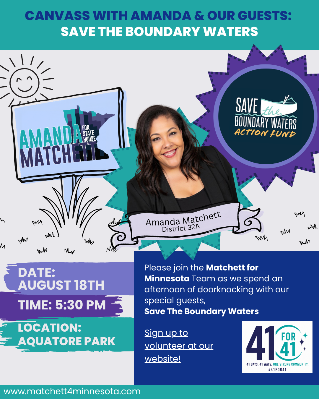 Event flyer: Canvass with Amanda and our guests, Save the Boundary Waters. Doorknock with Amanda Matchett, District 32A, and the Save the Boundary Waters Action Fund. Date: August 18th. Time: 5:30 PM. Location: Aquatore Park. Sign up to volunteer at www.matchett4minnesota.com.
