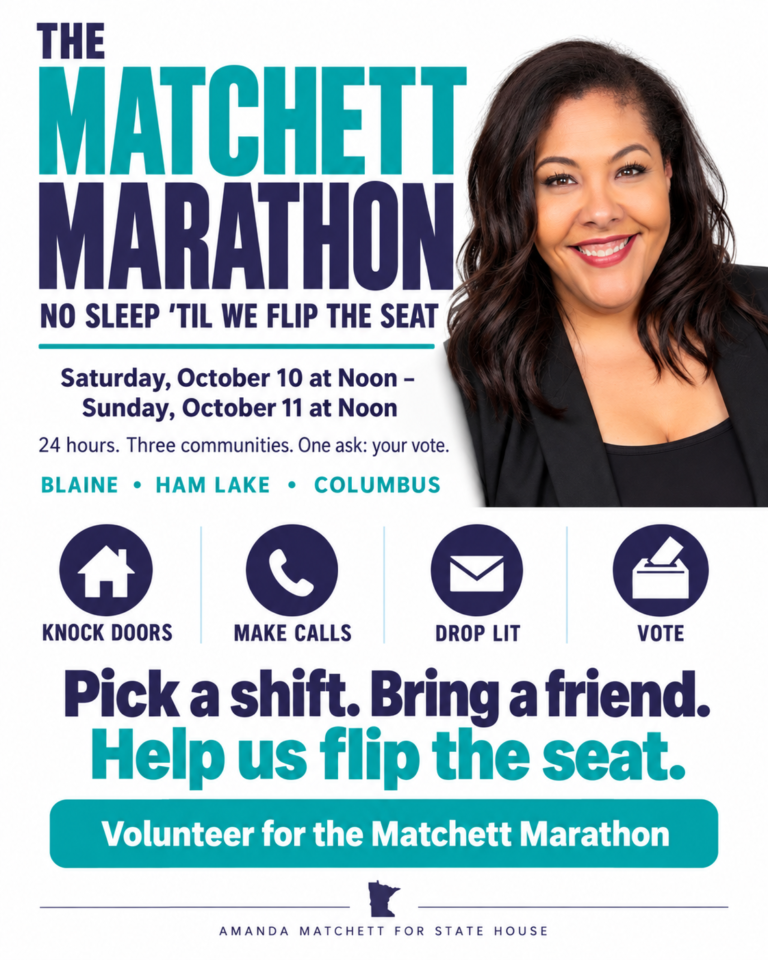 Event flyer: Matchett Marathon Phonebank. Sunday, October 11, 2026 at 10:00 am CDT. Lino Lakes, MN.