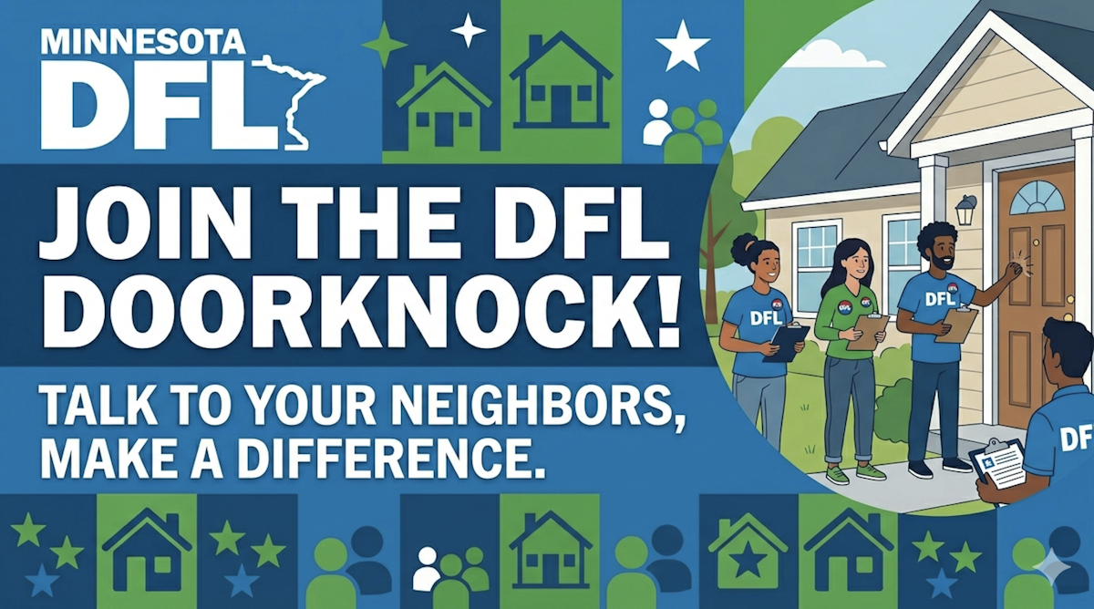 Event flyer: Blaine DFL Door Knock!. Tuesday, October 13, 2026 at 4:00 pm CDT. Aurelia Park (Blaine), 382 91st Ave NE, Blaine, MN 55434.